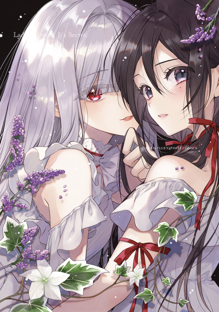 2girls arm_ribbon bare_shoulders brown_hair clip_studio_paint_(medium) commentary_request dress flower grey_hair hair_ribbon highres ivy long_hair looking_at_viewer multiple_girls official_art original partial_commentary purple_flower red_eyes red_ribbon ribbon statice watermark white_dress white_flower yukiko_(tesseract) yuri