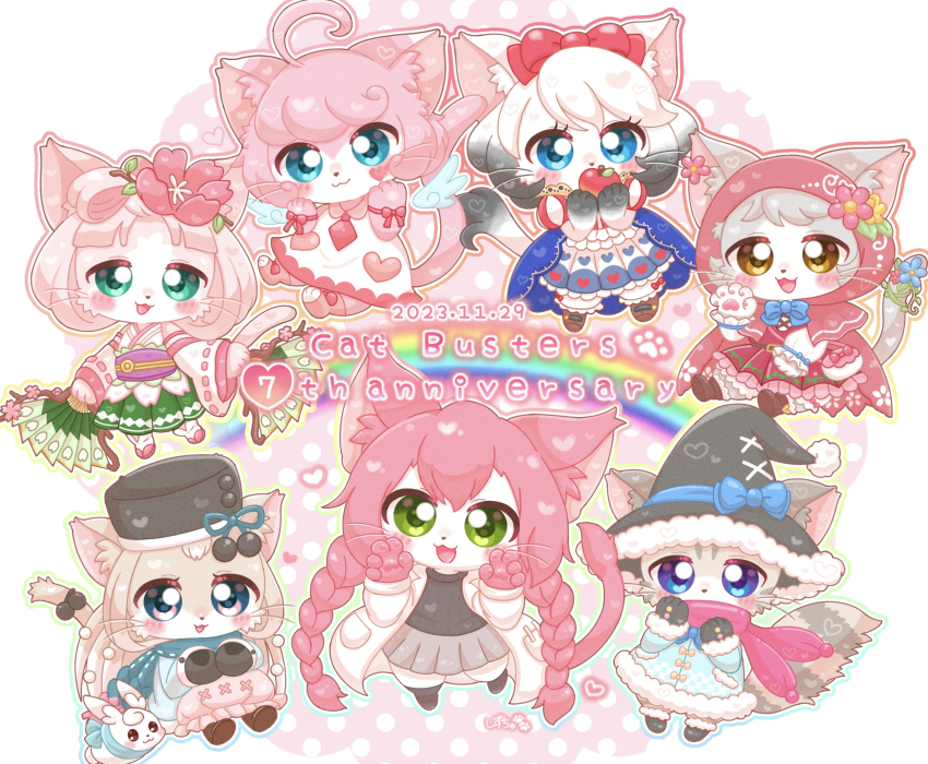 6+girls animal_ears animal_hands anniversary apple black_hat black_sweater blue_eyes blush body_fur bow braid brown_hair cat_busters cat_ears cat_girl cat_tail character_request chibi chibi_only chibikemo coat commentary_request copyright_name dated dress ekaryi_(cat_busters) english_text flower food fruit fur_trim furry furry_female green_eyes grey_skirt hair_bow hair_flower hair_ornament hat highres holding lab_coat long_hair looking_at_viewer low_twin_braids mafumofu_(cat_busters) melia_(cat_busters) multiple_girls neko_hakase open_clothes open_coat pink_flower pink_hair pink_scarf rainbow sakuya_(cat_busters) scarf shirayuki_(cat_busters) shizucha short_hair sidelocks skirt sweater tail twin_braids whiskers white_coat white_fur white_hair witch_hat
