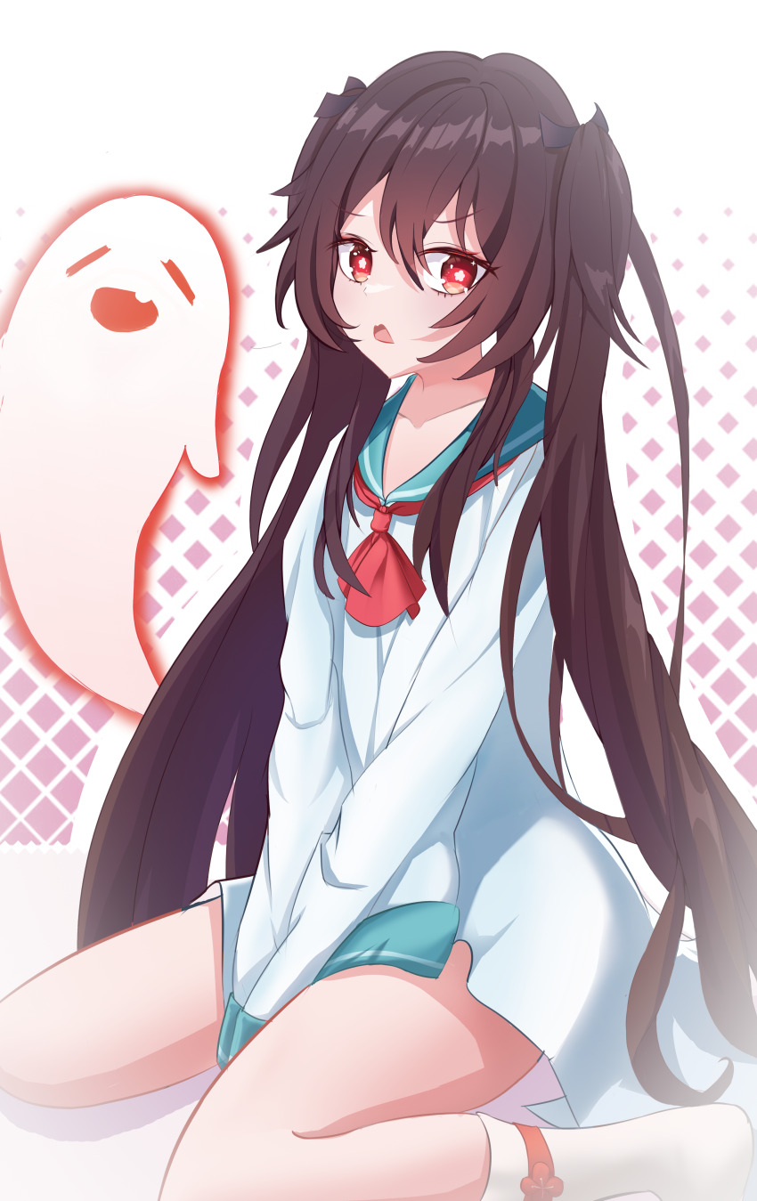 1girl :d =_= absurdres ascot atri atri-my_dear_moments- atri_(cosplay) black_ribbon blue_sailor_collar boo_tao_(genshin_impact) brown_hair chinese_commentary collarbone commentary_request cosplay dress eyelashes fang flower-shaped_pupils frown full_body genshin_impact hair_between_eyes hair_ribbon highres hu_tao_(genshin_impact) kneehighs long_hair long_sleeves looking_at_viewer no_shoes open_mouth outline purple_background red_ascot red_eyes ribbon sailor_collar sailor_dress short_dress sidelocks simple_background sitting skin_fang smile socks solo symbol-shaped_pupils thighs tsurime twintails two-tone_background user_cazy4435 v-shaped_eyebrows v_arms very_long_hair wariza white_background white_dress white_outline white_socks wide_sleeves