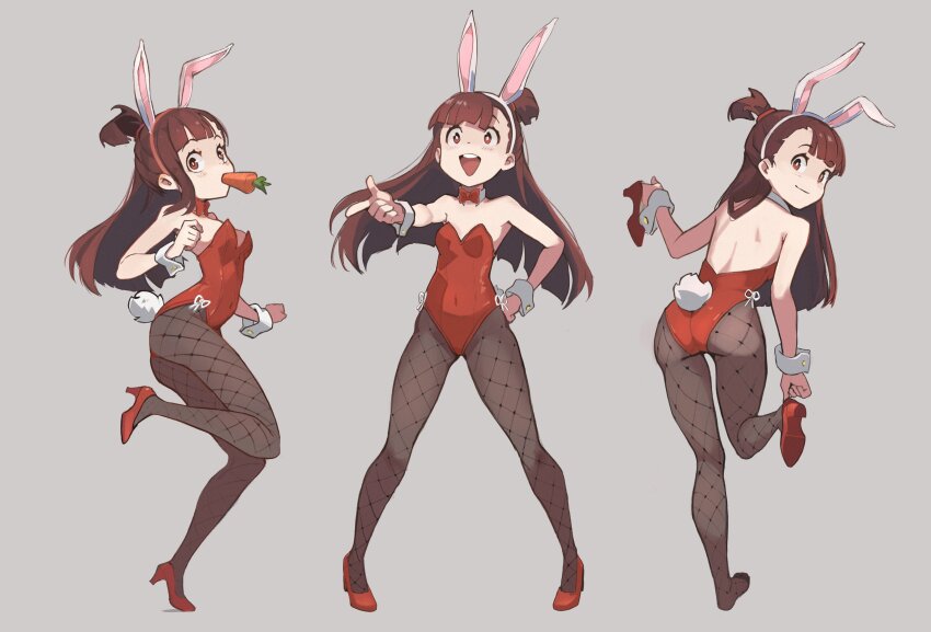 animal_ears ass bow bowtie breasts brown_hair cleavage collarbone detached_collar eccomicco fake_animal_ears high_heels highres kagari_atsuko leotard little_witch_academia long_hair looking_at_viewer playboy_bunny rabbit_ears red_bow red_bowtie red_eyes red_heels red_leotard red_shoes shoes wrist_cuffs