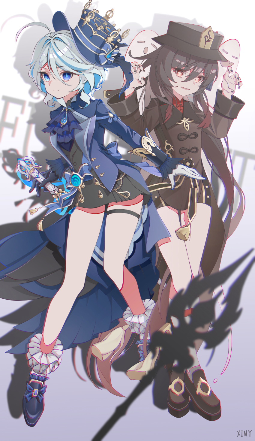 2girls absurdres ahoge ascot asymmetrical_gloves black_gloves black_nails black_shorts blue_ascot blue_eyes blue_gemstone blue_hair blue_hat blue_jacket brooch brown_hair drop-shaped_pupils flower-shaped_pupils furina_(genshin_impact) gem genshin_impact ghost ghost_pose gloves hat heterochromia highres hu_tao_(genshin_impact) jacket jewelry long_hair looking_at_viewer mismatched_gloves mismatched_pupils multicolored_hair multiple_girls ouji_fashion porkpie_hat red_eyes shorts splendor_of_tranquil_waters_(genshin_impact) staff_of_homa_(genshin_impact) streaked_hair symbol-shaped_pupils thigh_strap tiandingfengren top_hat twintails white_gloves