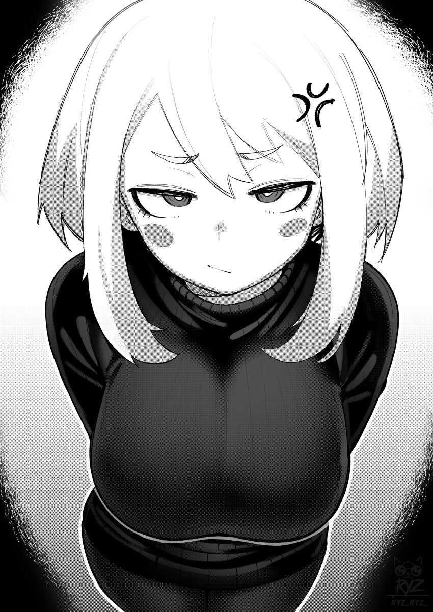 1girl absurdres alternate_costume anger_vein angry arms_behind_back boku_no_hero_academia breasts closed_mouth commentary english_commentary frown greyscale highres large_breasts long_sleeves looking_at_viewer medium_hair monochrome pants ryzz_ryzz sidelocks solo standing sweater uraraka_ochako