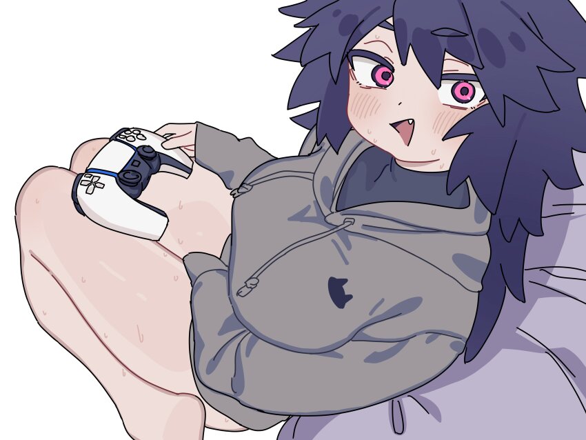 1girl absurdres animal_print barefoot blue_hair borrowed_character cat_print commentary controller fang game_controller grey_hoodie highres holding holding_controller holding_game_controller hood hoodie long_hair looking_at_viewer messy_hair no_pants open_mouth original pink_eyes playstation_controller print_hoodie ryusei_hashida solo sweat symbol-only_commentary