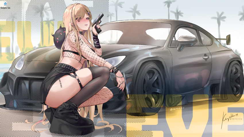 1girl arm_ribbon barcode barcode_tattoo belt ben-day_dots black_belt black_bra black_skirt black_thighhighs blonde_hair blush boots bottomless bra braid breasts car chain chain_around_arm commentary earrings english_commentary eve_(keyokku) fishnet_top fishnets gun hair_ornament highres holding holding_gun holding_weapon jewelry keyokku long_hair motor_vehicle nail_polish original photo-referenced pink_eyes platform_boots ribbon screentones side_braid single_fishnet_legwear skirt squatting studded_belt tattoo thigh_strap thighhighs toyota toyota_86 trigger_discipline twitter_strip_game underwear v very_long_hair weapon white_background x_hair_ornament