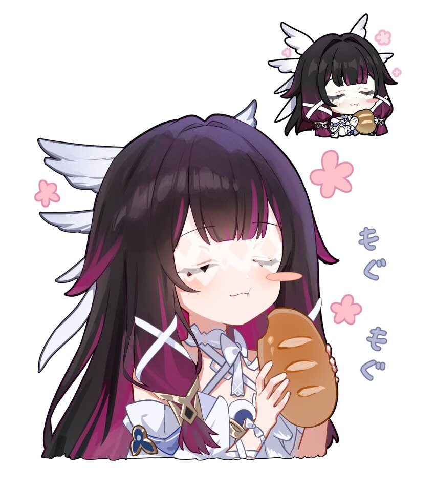 1girl :t bare_shoulders black_hair blush bow bowtie bread closed_eyes closed_mouth columbina_(genshin_impact) commentary_request cropped_torso eating food genshin_impact genshin_impact_sticker_redraw_(meme) hair_ornament hands_up highres holding holding_food long_hair long_sidelocks luna_(luna610) meme multicolored_hair purple_hair reference_inset sidelocks simple_background solo very_long_hair white_background white_bow white_bowtie wing_hair_ornament