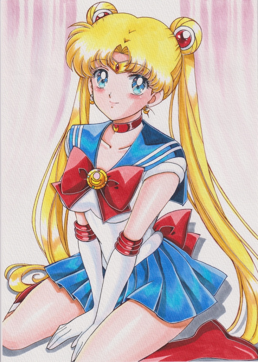 1girl absurdres bishoujo_senshi_sailor_moon bishoujo_senshi_sailor_moon_(first_season) blonde_hair blue_eyes blue_sailor_collar bow chikoto_(kztc4472) choker collarbone commentary crescent crescent_choker crescent_earrings double_bun earrings elbow_gloves gloves hair_bun hair_ornament heart heart_choker highres jewelry long_hair magical_girl parted_bangs red_bow red_choker sailor_collar sailor_moon sailor_senshi_uniform sitting skirt solo traditional_media transformation_brooch_(sailor_moon) tsukino_usagi twintails very_long_hair wariza white_gloves