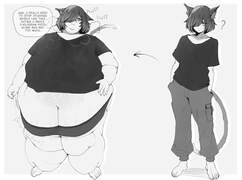 1girl ? animal_ear_fluff animal_ears arrow_(symbol) barefoot belly big_belly border breasts breath cat_ears cat_girl cat_tail closed_mouth double_chin english_text fat fat_woman freckles full_body furrowed_brow greyscale hair_over_one_eye hands_in_pockets highres long_bangs looking_at_viewer looking_to_the_side medium_hair monochrome multiple_views obese one_eye_covered original pants presiart raised_inner_eyebrows shirt short_sleeves simple_background small_breasts speech_bubble standing steam steaming_body sweat sweatdrop t-shirt tail thick_arms thick_thighs thighs undersized_clothes weight_gain white_background white_border
