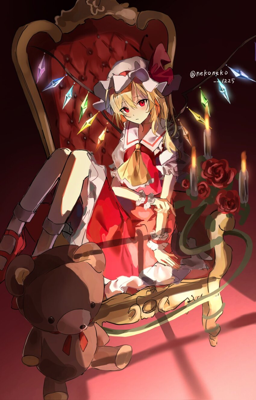 1girl ascot blonde_hair candle chair closed_mouth collared_shirt commentary crystal crystal_wings flandre_scarlet flower frilled_shirt_collar frilled_skirt frills hat highres looking_at_viewer mary_janes mob_cap multicolored_wings nekoneko_1225 one_side_up puffy_short_sleeves puffy_sleeves red_eyes red_flower red_rose red_shoes red_skirt red_vest rose shadow shirt shoes short_sleeves sitting skirt skirt_set socks solo stuffed_animal stuffed_toy teddy_bear touhou twitter_username vest white_hat white_shirt white_socks wings wrist_cuffs yellow_ascot