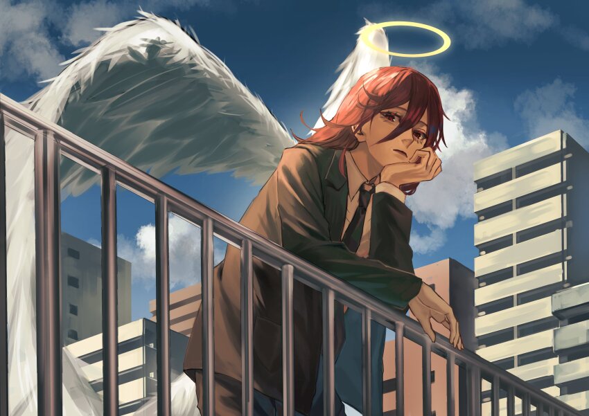 1boy absurdres angel_devil_(chainsaw_man) angel_wings black_necktie black_pants black_suit bonjindaaa building chainsaw_man cloud collared_shirt commentary_request elbow_rest formal_clothes hair_between_eyes halo head_rest highres jacket lapels layered_sleeves long_sleeves looking_at_viewer male_focus medium_hair necktie pants parted_lips railing red_hair shirt sky solo standing suit suit_jacket white_wings wing_collar wings