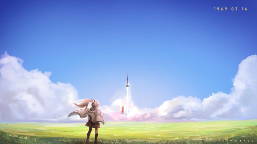 1girl apollo_11 asymmetrical_legwear blue_sky brown_cloak brown_hair cloak commentary english_commentary feather_hair_ornament feathers hair_ornament highres hololive hololive_english jio_(jiomakes) kneehighs landscape long_hair nanashi_mumei nanashi_mumei_(1st_costume) over-kneehighs ponytail rocket shirt signature single_kneehigh single_sock skirt sky socks solo standing thighhighs very_long_hair virtual_youtuber white_shirt