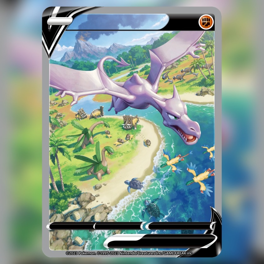 aerodactyl animal_focus archeops bastiodon blue_sky card_(medium) cloud commentary company_name copyright_name copyright_notice cranidos day english_commentary flying footprints gen_1_pokemon gen_3_pokemon gen_4_pokemon gen_5_pokemon green_eyes nintendo no_humans nurikabe_(mictlan-tecuhtli) official_art open_mouth outdoors palm_tree pokemon pokemon_(creature) pokemon_card pokemon_tcg pterosaur rampardos rock sharp_teeth shieldon shore sky smoke solo_focus swimming teeth textless_version third-party_source tirtouga trading_card tree tropius v-shaped_eyes volcano water