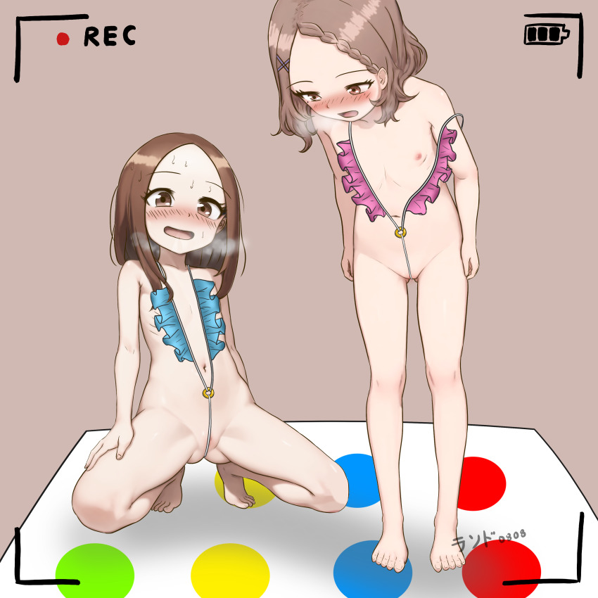 2girls absurdres armpit_crease bikini blush brown_eyes brown_hair feet female_focus flat_chest full_body functionally_nude gluteal_fold highres houjou_(takagi-san) karakai_jouzu_no_takagi-san lander0808 loli micro_bikini multiple_girls nipples open_mouth pussy pussy_peek revealing_clothes slingshot_swimsuit spread_legs standing swimsuit tagme takagi-san toes twister_(game)