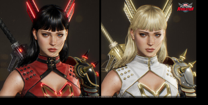 1girl 3d absurdres armor black_hair blonde_hair blue_eyes breasts cleavage cleavage_cutout clothing_cutout company_name copyright_logo copyright_notice gloves highres lips logo long_hair magik_(x-men) marvel marvel_future_revolution minsu_kim pauldrons red_shirt shirt shoulder_armor solo spiked_pauldrons spikes sword sword_on_back upper_body weapon weapon_on_back white_shirt x-men