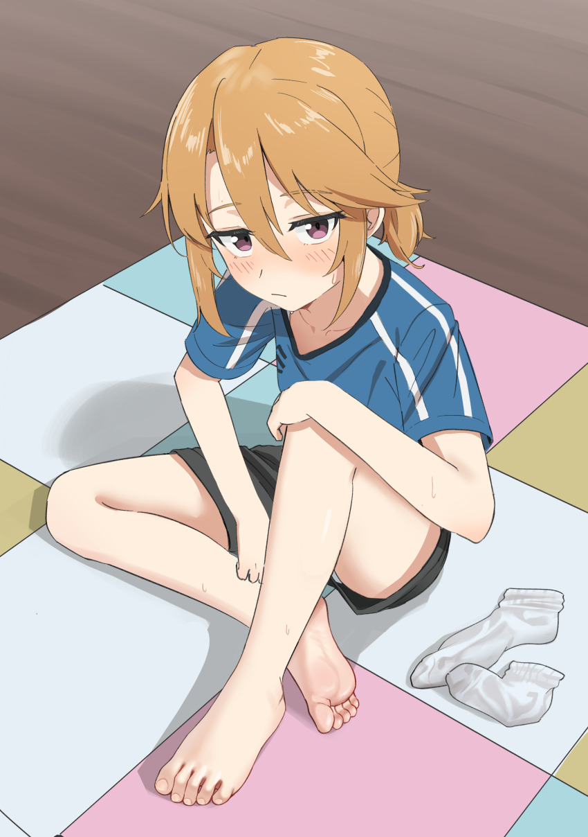 1girl absurdres barefoot blonde_hair blush feet highres idolmaster idolmaster_cinderella_girls long_hair looking_at_viewer losk purple_eyes shorts socks soles toes unworn_socks white_socks yuuki_haru