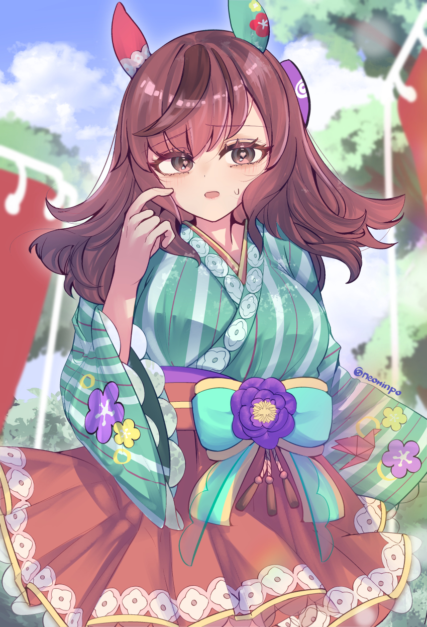 1girl absurdres animal_ears blue_sky blush bow_sash breasts brown_eyes brown_hair cloud cloudy_sky commentary day ear_covers floral_print_sleeves flower green_kimono heart heart-shaped_pupils highres horse_ears horse_girl horse_tail japanese_clothes kimono long_hair looking_at_viewer mismatched_ear_covers multicolored_hair neopi nice_nature_(converging_wishes)_(umamusume) nice_nature_(umamusume) official_alternate_costume official_alternate_hairstyle open_mouth outdoors purple_flower red_sash red_skirt sash skirt sky solo streaked_hair striped_clothes striped_kimono sweat symbol-shaped_pupils tail umamusume vertical-striped_clothes vertical-striped_kimono wide_sleeves
