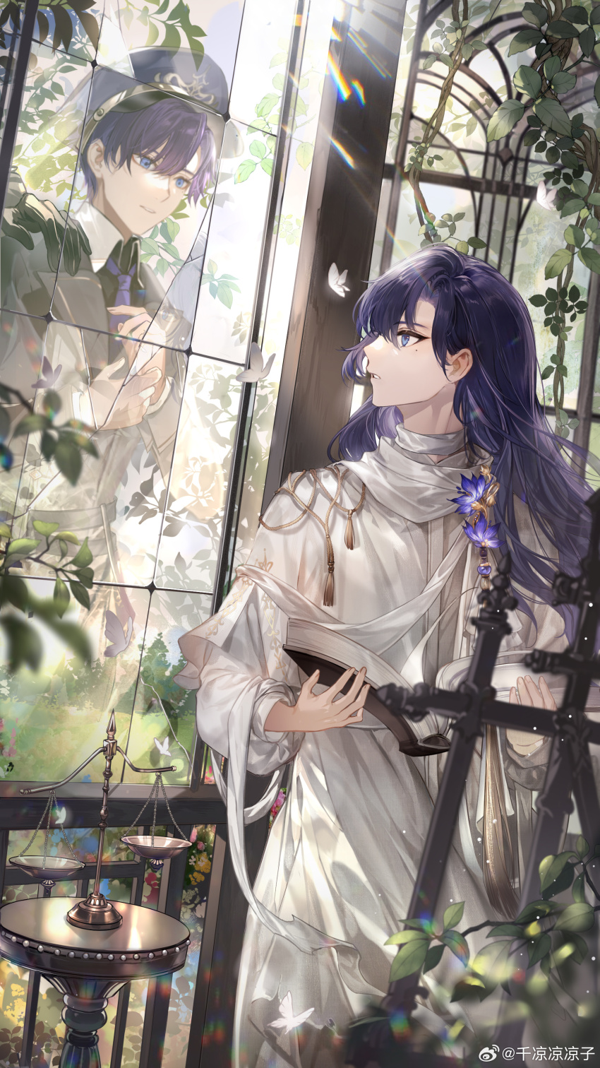 2boys absurdres aged_down arched_window balance_scale black_hat black_jacket black_shirt blue_eyes book bug bush butterfly chinese_commentary clarence_clayden clarence_clayden_(infinite_empire) collared_shirt commentary contrast_collar corsage cowboy_shot crack cracked_glass curtained_hair day different_reflection dual_persona eye_contact fence flower grass hair_between_eyes hands_up hat highres holding holding_book indoors insect jacket long_hair long_sleeves looking_at_another looking_to_the_side lovebrush_chronicles male_focus mole mole_under_eye multiple_boys necktie official_art open_book parted_lips peaked_cap plant profile purple_flower purple_hair purple_necktie reflection refraction robe scarf senryoko shirt solo standing table tassel upper_body vines watermark weibo_watermark weighing_scale white_butterfly white_robe white_scarf window