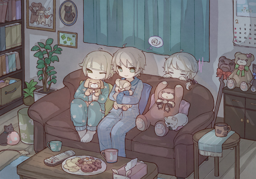 1boy 2girls animal ball barefoot bear blue_pants blue_shirt blunt_bangs bookshelf cat chigu chips_(food) chocolate_chip_cookie closed_eyes closed_mouth collared_shirt commentary_request controller cookie cup curtains dog drawer food full_body ghost grey_hair holding holding_animal indoors long_sleeves multiple_girls one_eye_closed original pajamas pants picture_frame plate rabbit remote_control shirt short_hair sitting speech_bubble striped_clothes striped_pants striped_shirt thought_bubble towel vertical-striped_clothes vertical-striped_pants vertical-striped_shirt wooden_floor