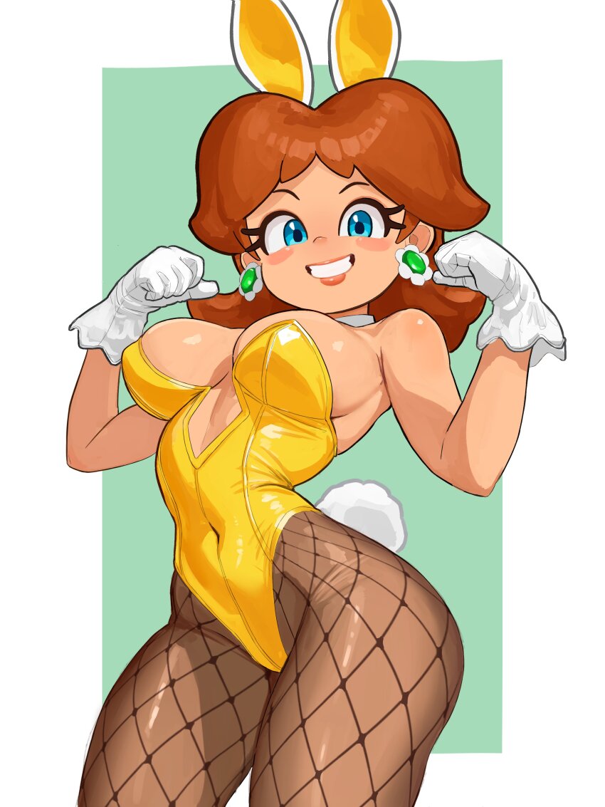 1girl absurdres animal_ears bare_shoulders blue_eyes blush breasts brown_hair brown_pantyhose commentary covered_navel detached_collar earrings fake_animal_ears fake_tail fishnet_pantyhose fishnets flipped_hair flower_earrings gloves grin highres jewelry large_breasts leotard long_hair looking_at_viewer mario_(series) mineru128127 nintendo open_mouth pantyhose playboy_bunny princess_daisy rabbit_ears rabbit_tail smile solo strapless strapless_leotard tail teeth white_gloves yellow_leotard