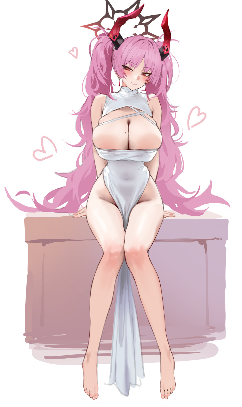 1girl absurdres alternate_costume alternate_hairstyle arm_support armpit_crease bare_legs barefoot blue_archive blush breasts commentary demon_horns dress earrings full_body groin halo heart highres horns jewelry knees_together_feet_apart long_hair looking_at_viewer mole mole_on_breast nankam76 pelvic_curtain pink_hair red_eyes satsuki_(blue_archive) simple_background sitting smile solo teardrop_earrings toes twintails very_long_hair white_background white_dress