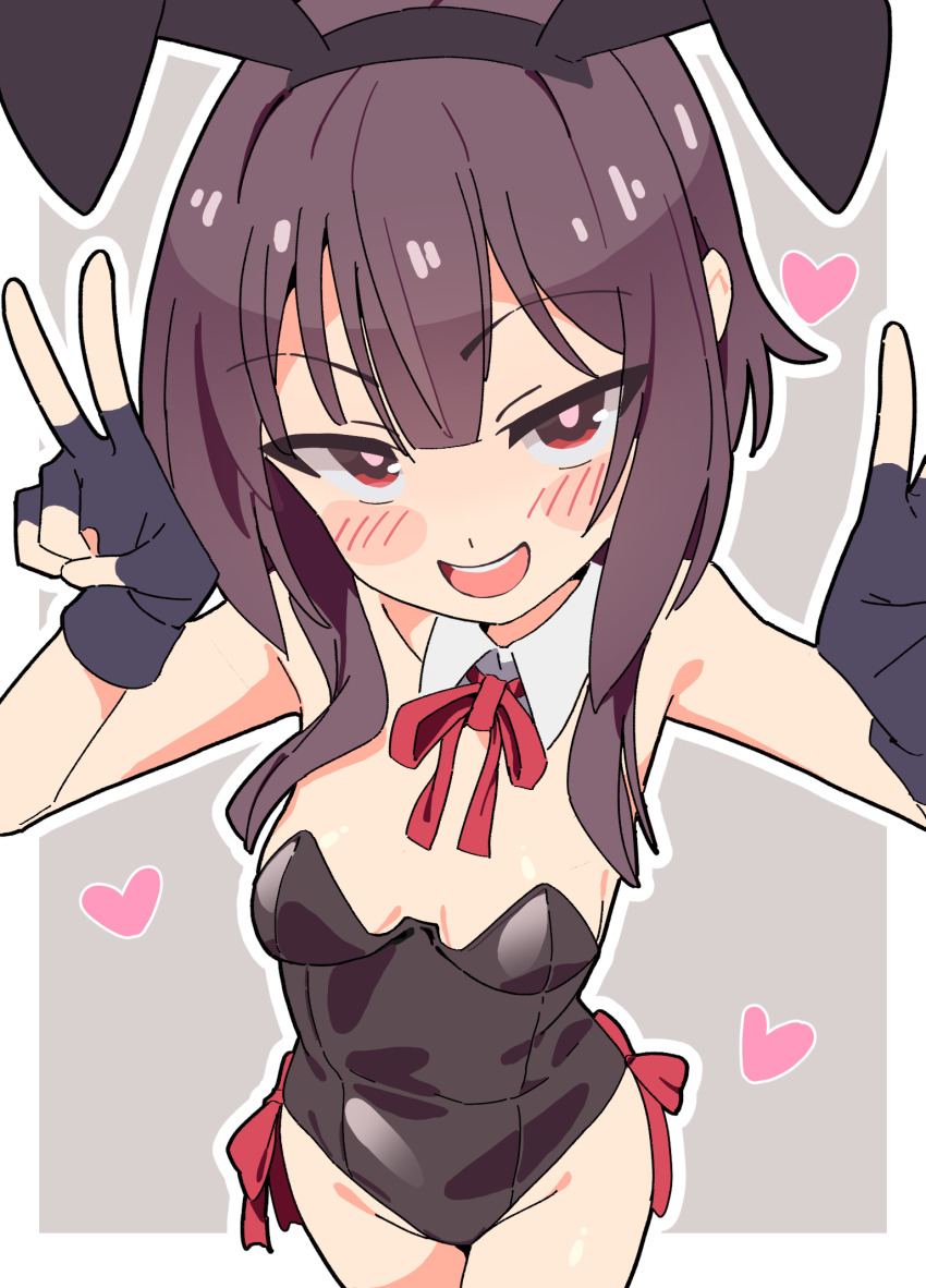 1girl :d animal_ears bare_shoulders black_gloves black_leotard blush blush_stickers border breasts brown_hair detached_collar double_v fake_animal_ears fingerless_gloves gloves grey_background groin heart highres kono_subarashii_sekai_ni_shukufuku_wo! leotard loli looking_at_viewer megumin neck_ribbon noyama_takenoko open_mouth playboy_bunny rabbit_ears red_eyes red_ribbon ribbon short_hair_with_long_locks sidelocks simple_background small_breasts smile solo strapless strapless_leotard teeth two-tone_background upper_teeth_only v white_border