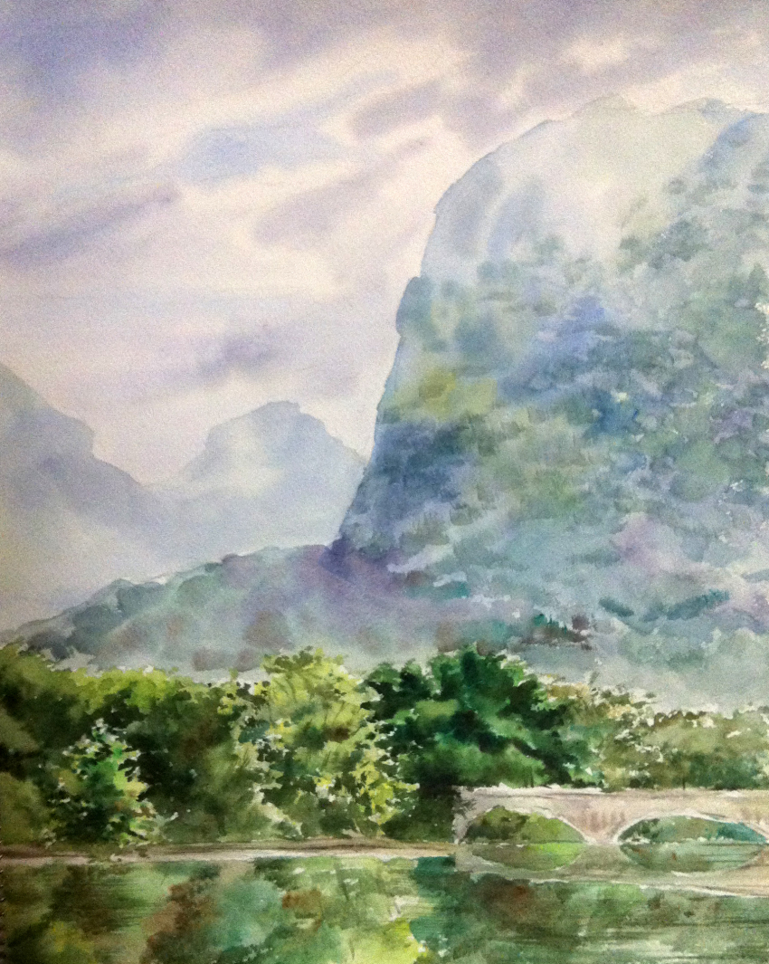 bridge china chinese_commentary commentary day forest guilin highres landscape maxyuda mountain mountainous_horizon nature original outdoors overcast painting_(medium) real_world_location river scenery sky traditional_media watercolor_(medium)