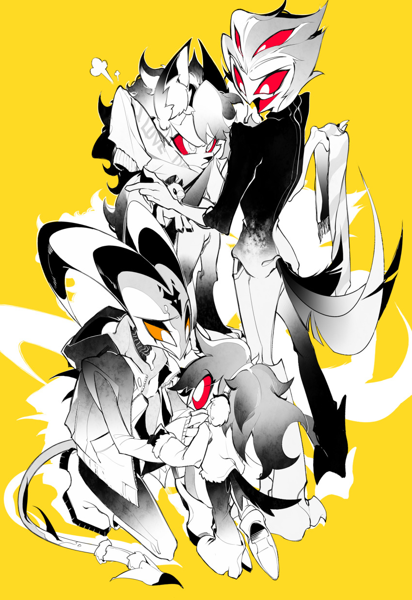2boys 2girls absurdres animal_ears black_feathers blitzo_(helluva_boss) demon_boy demon_girl demon_horns demon_tail extra_eyes father_and_daughter feathers hellaverse helluva_boss highres horns loona_(helluva_boss) multiple_boys multiple_girls octavia_(helluva_boss) owl_boy red_eyes stolas_(helluva_boss) tail zhu_xing_pupupu