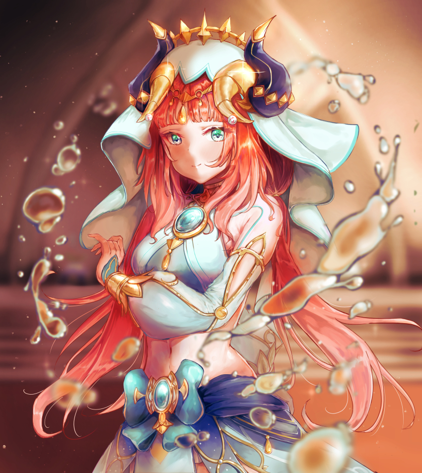 absurdres blue_gemstone chehg dancer fake_horns gem genshin_impact gold_trim green_eyes highres horns long_hair long_sleeves looking_at_viewer nilou_(genshin_impact) puffy_long_sleeves puffy_sleeves red_hair solo veil very_long_hair white_veil