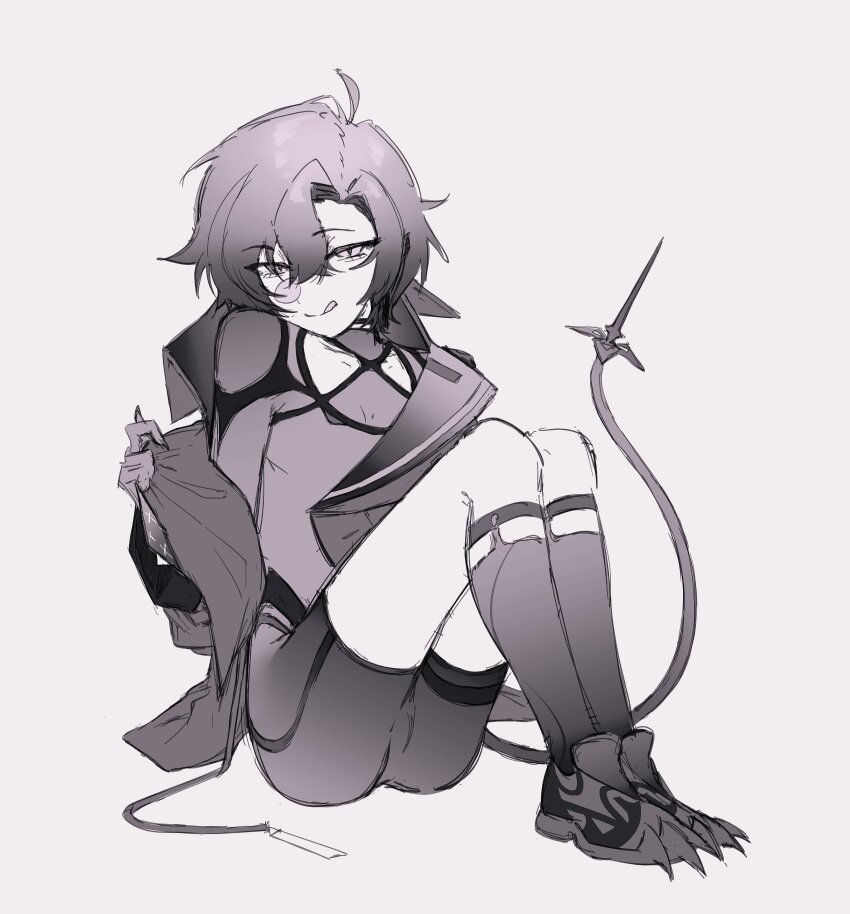 1boy absurdres ahoge bishounen bodysuit bulge greyscale hair_between_eyes highres holostars holostars_english knees_up licking_lips long_sleeves looking_at_viewer machina_x_flayon machina_x_flayon_(1st_costume) male_focus mechanical_tail monochrome narrowed_eyes seductive_smile short_hair sitting slit_pupils smile solo tail tazik tight_clothes tongue tongue_out undressing virtual_youtuber white_background