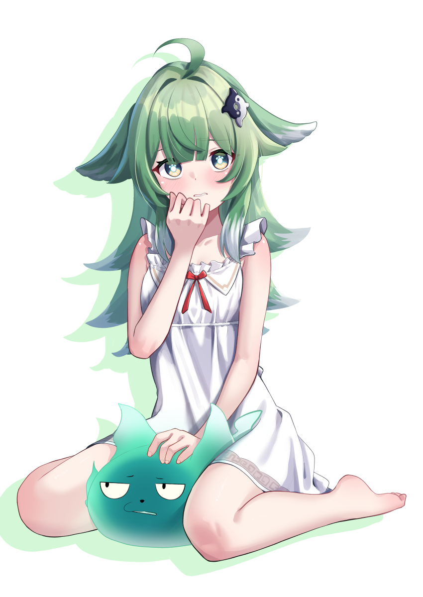 1girl absurdres ahoge babydoll barefoot between_legs black_babydoll comaya commentary_request green_eyes green_hair highres honkai:_star_rail honkai_(series) huohuo_(honkai:_star_rail) long_hair sitting tail_(honkai:_star_rail) wariza yin_yang_hair_ornament