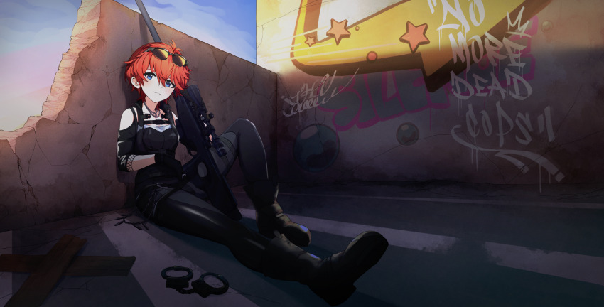 1girl black_bodysuit black_boots blue_eyes bodysuit boots closed_mouth commentary cuffs day english_commentary eyewear_on_head graffiti gun handcuffs highres idolmaster idolmaster_million_live! idolmaster_million_live!_theater_days jirion julia_(idolmaster) knee_up looking_at_viewer official_alternate_costume outdoors red_hair rifle scope short_hair sitting sniper_rifle solo sunglasses weapon