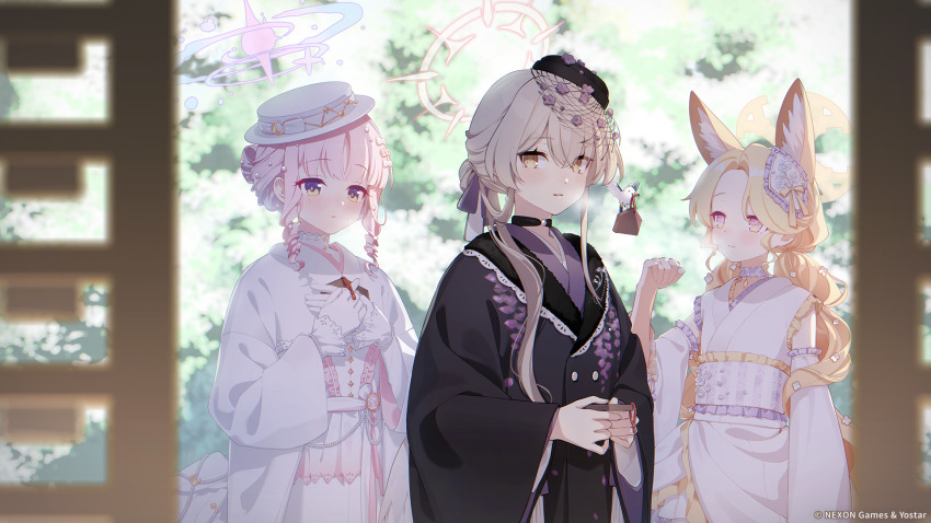 2026 3girls alternate_costume alternate_hairstyle animal_ear_fluff animal_ears blonde_hair blue_archive bow brown_hair closed_mouth fox_ears fox_girl gloves hair_bow halo hand_up hat highres long_hair long_sleeves looking_at_viewer mika_(blue_archive) mika_(new_year)_(blue_archive) multiple_girls nagisa_(blue_archive) nagisa_(new_year)_(blue_archive) official_art outdoors parted_lips pink_hair seia_(blue_archive) seia_(new_year)_(blue_archive) smile white_gloves white_hat wide_sleeves yellow_eyes