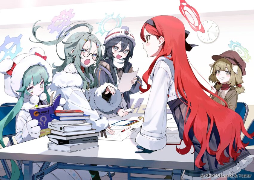 5girls animal_hands arguing black_gloves black_hair black_hairband black_skirt blue_archive brown_hat bukurote commentary_request fang glasses gloves green_hair hair_between_eyes hairband halo hard_hat hat helmet highres indoors long_hair long_sleeves looking_at_another meru_(blue_archive) minori_(blue_archive) momiji_(blue_archive) multiple_girls official_art open_mouth paw_gloves red_hair round_eyewear skirt takane_(blue_archive) very_long_hair white_gloves winter_clothes yakumo_(blue_archive)