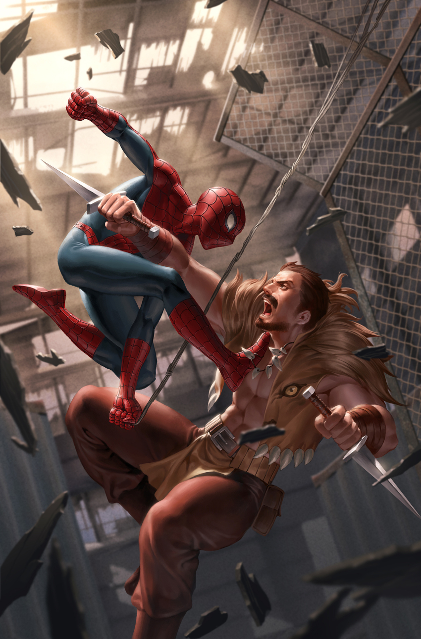 2boys abs beard blurry blurry_background bodysuit brown_eyes brown_facial_hair brown_hair brown_pants chain-link_fence comic_cover commentary dual_wielding english_commentary facial_hair fence fighting floating_clothes highres holding holding_knife indoors jewelry knife kraven_the_hunter lion_pelt looking_at_another male_focus marvel multiple_boys muscular muscular_male necklace official_art open_mouth pants pelt short_hair signature spider-man spider-man_(series) spider_web_print superhero_costume tooth_necklace vest yoon_junggeun
