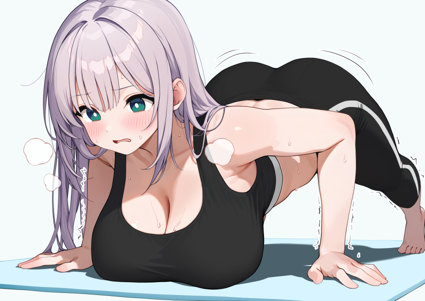 1girl absurdres all_fours ass barefoot black_pants black_sports_bra blush breasts cleavage commentary_request exercising feet green_eyes grey_hair highres hololive hololive_indonesia inconvenient_breasts large_breasts midriff otokucha pants parted_lips pavolia_reine purple_hair push-ups simple_background solo sports_bra sweat toes virtual_youtuber white_background yoga_pants