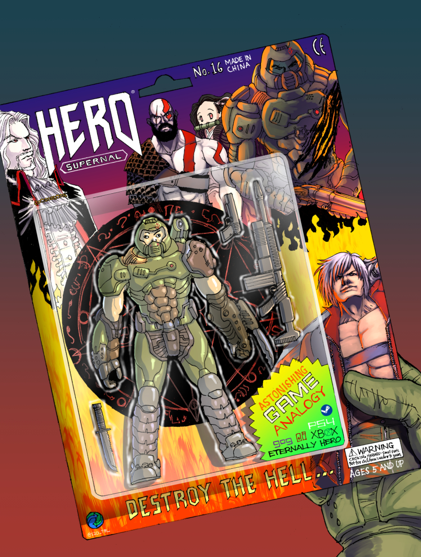 arm_blade armor bald beard bit_gag bodypaint bootleg castlevania_(series) coat crossover dante_(devil_may_cry) devil_may_cry devil_may_cry_(series) devil_may_cry_3 doom_(series) doom_eternal doomguy double-barreled_shotgun dracula_(castlevania) english_text engrish_text facial_hair figure gag gloves god_of_war green_gloves gun handgun highres holding holding_gun holding_weapon inverted_pentagram kamado_nezuko kimetsu_no_yaiba knife kratos_(god_of_war) multiple_crossover mustache parody power_armor praetor_suit ranguage rebellion_(sword) red_coat rifle short_hair shotgun shoulder_cannon space_marine steam_(platform) substance20 sword toy weapon white_hair