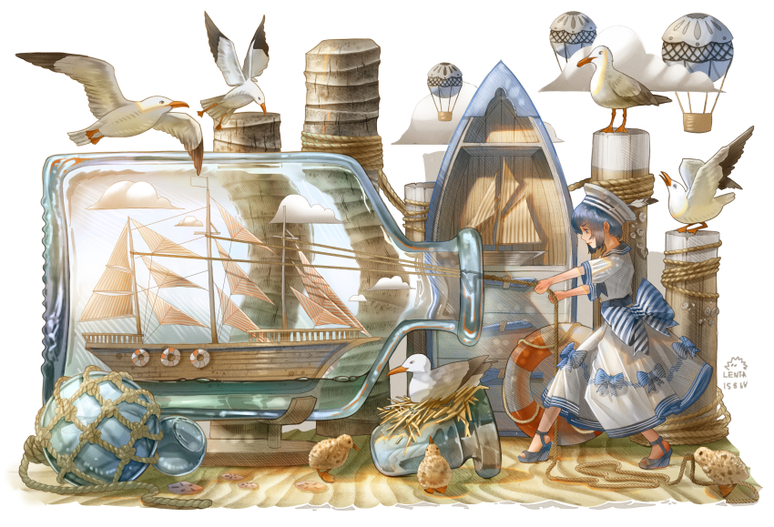 1girl absurdres aircraft animal artist_name baby_animal bird black_sandals blue_hair boat bow closed_mouth cloud commentary concentrating dress dress_bow english_commentary from_side full_body glass_bottle hat high_heel_sandals highres hot_air_balloon lenta original pier profile rope sailboat sailor_dress sailor_hat sandals seagull ship_in_a_bottle short_hair short_sleeves simple_background solo striped_bow swim_ring watercraft white_background white_dress