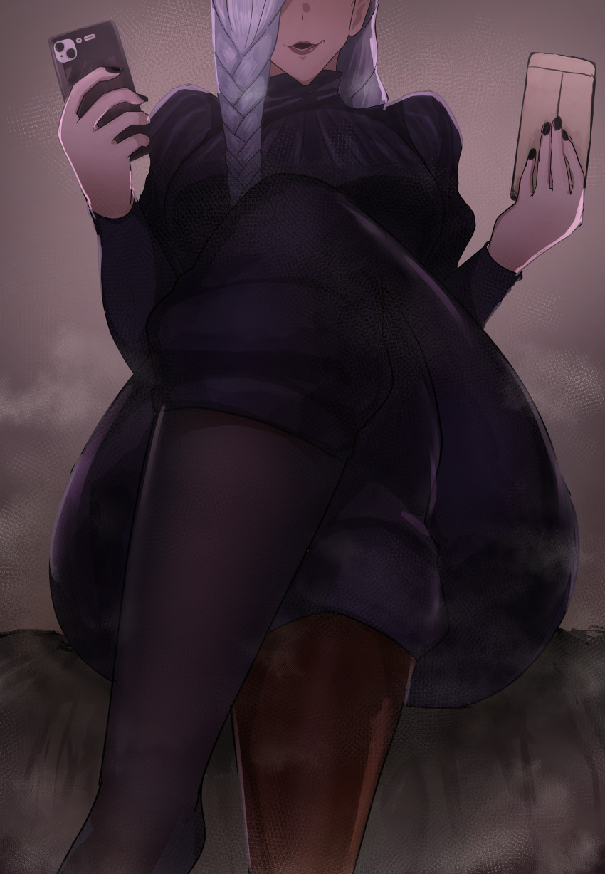 1girl absurdres boots cellphone crossed_legs envelope grey_hair hair_over_one_eye highres jujutsu_kaisen long_hair mappenkii mei_mei_(jujutsu_kaisen) open_mouth phone shoes single_shoe sitting smartphone steam