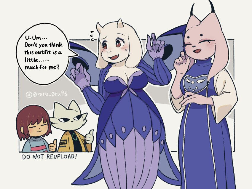 1boy 1other 2girls artist_name blush border breasts brown_eyes brown_hair cat_boy cat_girl closed_eyes closed_mouth colored_skin commentary cosplay costume_switch crossover english_commentary english_text flying_sweatdrops frisk_(undertale) furry furry_female furry_male goat_girl grey_background highres horns lady_ethereal lady_ethereal_(cosplay) large_breasts medium_hair multiple_girls nine_sols open_mouth oru_(0ruru_0ru95) raised_eyebrow smile standing sweat thumbs_up toriel toriel_(cosplay) twitter_username undertale utdr_(toby_fox) white_border yellow_skin yi_(nine_sols)