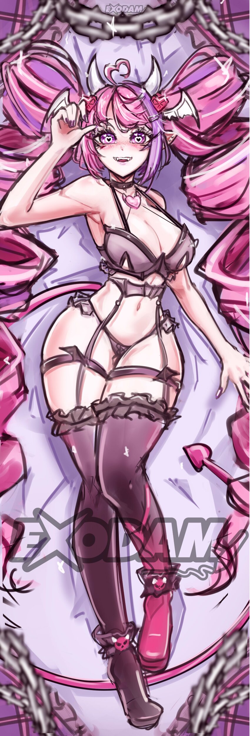 1girl absurdres ahoge armpits breasts chain choker cleavage demon_girl demon_horns demon_tail demon_wings exodamartworks hair_ornament head_wings heart heart_ahoge heart_hair_ornament highres horns indie_virtual_youtuber ironmouse large_breasts legs lingerie panties pink_hair purple_hair tail thighhighs thighs underwear virtual_youtuber wide_hips wings
