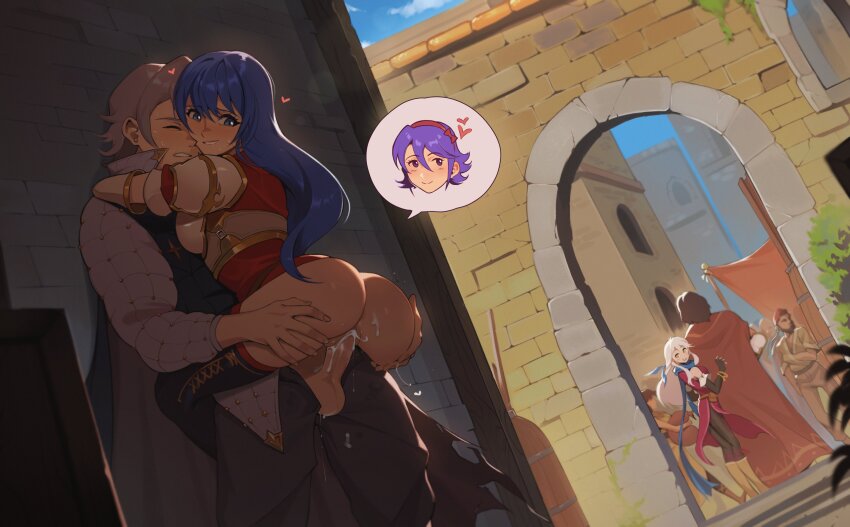 3girls 4boys absurdres against_wall alley anus anus_peek armor ass blue_hair breasts caeda_(fire_emblem) cape caught commentary drooling exhibitionism fire_emblem fire_emblem:_mystery_of_the_emblem fire_emblem:_radiant_dawn fire_emblem_fates grey_hair grin hetero highres hug implied_pregnancy impregnation in-franchise_crossover laslow_(fire_emblem) looking_back looking_down medium_breasts micaiah_(fire_emblem) multiple_boys multiple_girls nintendo penis public_indecency pussy saliva saliva_trail scarf sex shade shoulder_armor smile soleil_(fire_emblem) spoken_character stealth_sex suspended_congress symbol-only_commentary timbocactus vaginal