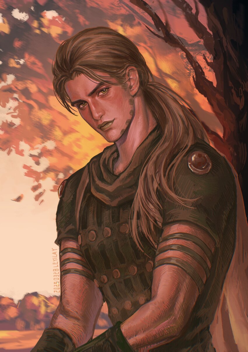 1boy absurdres beard black_shirt brown_cape brown_hair cape facial_hair grey_lips gyro_zeppeli highres jojo_no_kimyou_na_bouken lay_llll long_hair looking_at_viewer male_focus no_headwear shirt short_sleeves solo_focus steel_ball_run tree upper_body wristband