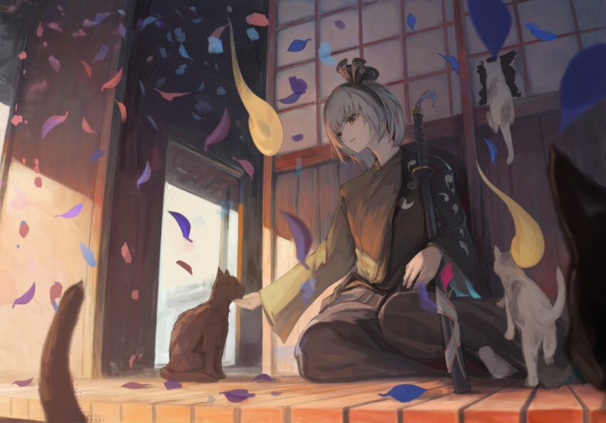 1girl absurdres alternate_costume animal black_hakama cat commentary_request falling_petals hairband hakama highres japanese_clothes katana konpaku_youmu konpaku_youmu_(ghost) light_smile long_sleeves looking_at_animal parted_lips petals sashimi_oniku short_hair sitting sliding_doors sword touhou weapon white_hair yellow_eyes