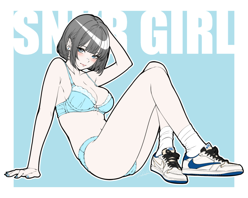 1girl bambi_surprise blue_bra blue_eyes blue_nails blue_panties bra breasts commentary english_commentary grey_hair highres looking_at_viewer medium_breasts medium_hair navel original panties shoes signature sitting sneakers socks solo stomach underwear underwear_only white_shoes white_socks