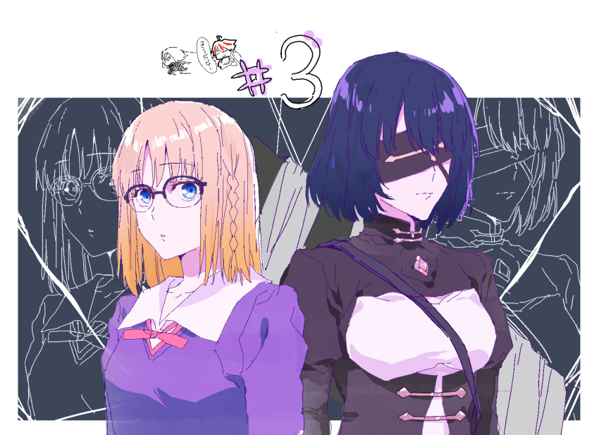 1boy 2girls black_hair blindfold blonde_hair blue_eyes blue_sweater chibi closed_mouth fate/strange_fake fate_(series) glasses highres long_hair looking_at_viewer maysia_kwo multicolored_hair multiple_girls red_hair richard_i_(fate) sajou_ayaka_(fate/strange_fake) short_hair speech_bubble streaked_hair sweater tacit_1113 translation_request two-tone_hair