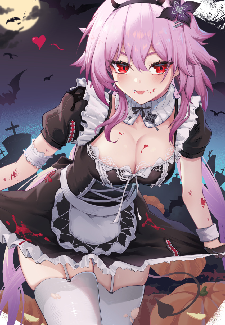 1girl absurdres apron bat_(animal) blood breasts cleavage commentary demon_tail english_commentary evernight_(honkai:_star_rail) fake_horns fang flower frills hair_between_eyes hair_flower hair_ornament halloween highres honkai:_star_rail honkai_(series) horns maid march_7th_(honkai:_star_rail) medium_breasts moon night pink_hair pumpkin red_eyes ribbon sky solo tail thighhighs thighs uha