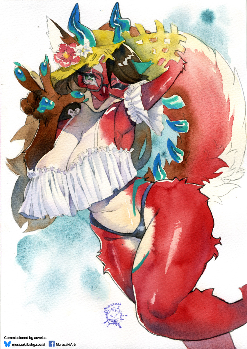 1girl 2025 absurdres arm_over_head artist_logo bikini breasts brown_hair cleavage commentary dragon_girl dragon_horns english_commentary english_text furry furry_female glasses green_eyes hat highres horns large_breasts logo long_hair looking_at_viewer murazaki9 navel one_eye_closed open_mouth orange_eyes original painting_(medium) pawpads red_fur smile solo straw_hat swimsuit tail traditional_media two-tone_fur watercolor_(medium) white_fur