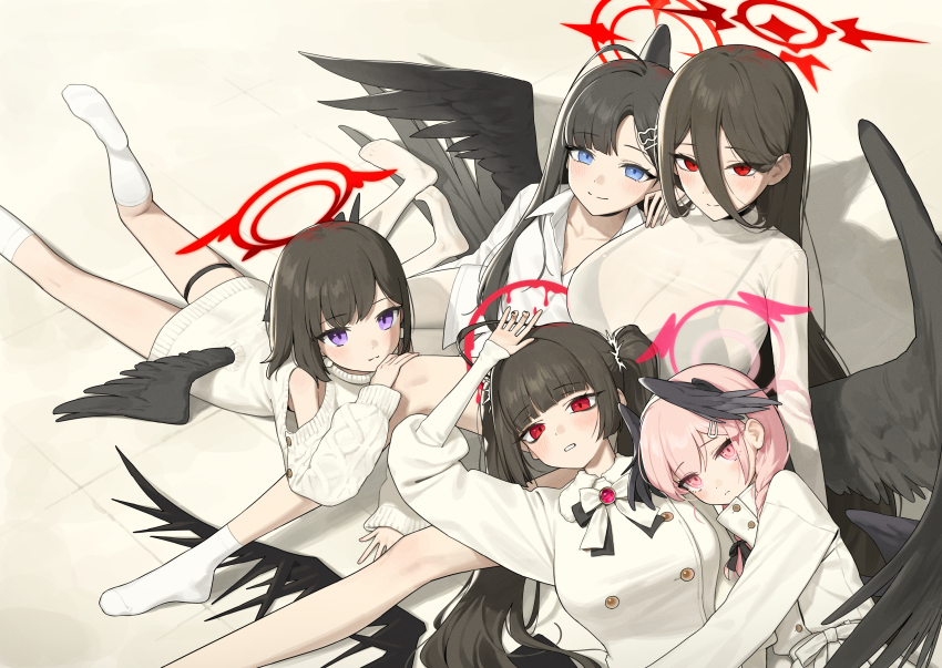 5girls ahoge alternate_costume b1026 black_bra black_hair black_wings blue_archive blunt_bangs blush bra bra_visible_through_clothes collarbone commentary_request feathered_wings hair_between_eyes halo hasumi_(blue_archive) head_wings highres ichika_(blue_archive) justice_task_force_(blue_archive) koharu_(blue_archive) long_hair_between_eyes looking_at_viewer lying lying_on_person mashiro_(blue_archive) multiple_girls on_back on_stomach open_collar pink_eyes pink_hair purple_eyes red_eyes see-through_clothes see-through_shirt shirt sitting smile straight_hair sweater thigh_strap tsurugi_(blue_archive) twintails underwear white_shirt white_sweater wings
