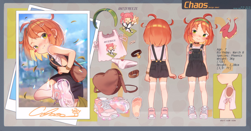 1girl absurdres ahoge barefoot black_choker black_skirt blush bow bow_panties brown_bag camisole chaos_(yui_yuu) character_age character_profile choker closed_mouth commentary english_commentary flat_chest green_eyes green_hairband grin hair_ornament hairband hairclip heart-shaped_bag highres najucaju_naju orange_hair original overall_skirt overalls panties parted_lips pink_camisole pink_panties pink_shoes see-through_clothes see-through_footwear shoes short_hair skirt smile soles thighhighs toes underwear white_thighhighs