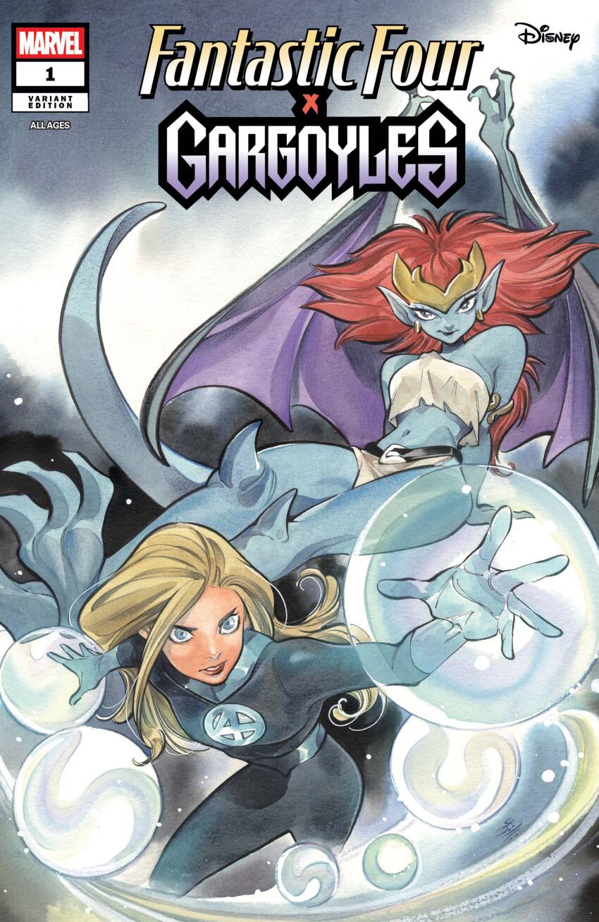 2girls absurdres armlet bat_wings blonde_hair blue_bodysuit blue_eyes blue_gloves blue_skin blue_tail bodysuit bubble colored_skin comic_cover company_name copyright_logo copyright_name crop_top crossover demona fantastic_four gargoyles gloves gold_tiara highres jewelry knee_spikes logo long_hair marvel monster_girl multiple_girls navel official_art peach_momoko pointy_ears red_hair shirt short_hair sitting sue_storm superhero_costume white_loincloth white_shirt wings