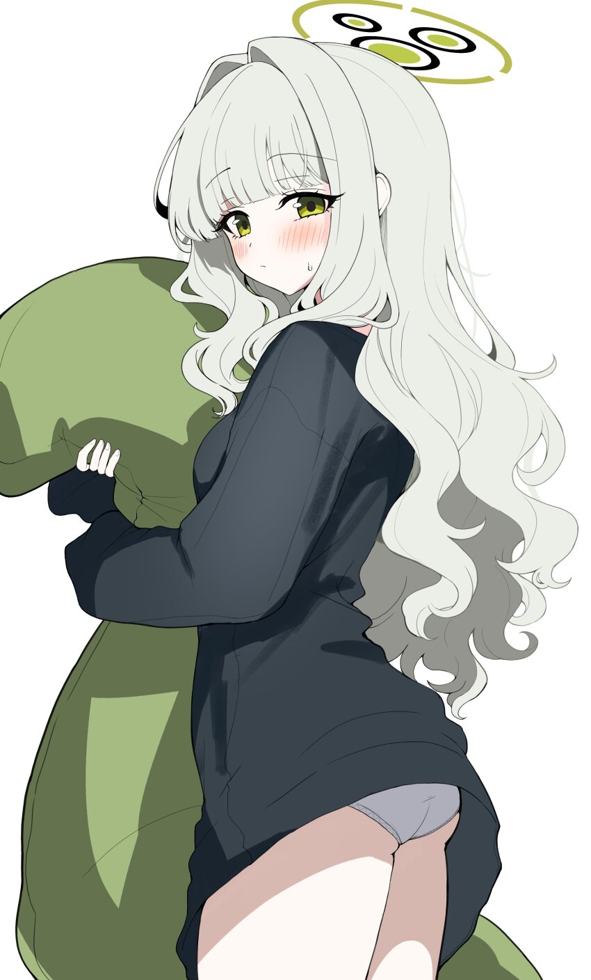 1girl absurdres ass black_sweater blue_archive blush commentary_request from_side green_eyes green_pillow grey_hair hair_intakes halo hare_(blue_archive) hare_(pajamas)_(blue_archive) highres hugging_object light_frown long_hair long_sleeves looking_at_viewer looking_to_the_side no_pants panties pantyshot pillow pillow_hug sak_(lemondisk) simple_background small_sweatdrop solo sweater underwear wavy_hair white_background white_panties